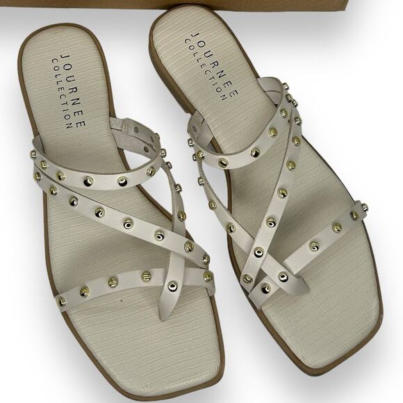 NEW Journee White Strappy Studded Sandals Size 10 Gold Beach Summer - Picture 2 of 10